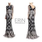 Erin Fetherston Black Embroidered Lace 3/4 Sleeve Evening Gown / Size 8 Nwt