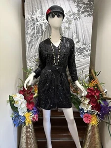 THEORY BLACK SEQUINS LONG SLEEVE V-NECK ZIP FRONT COCKTAIL DRESS SIZE 6 - Picture 1 of 7