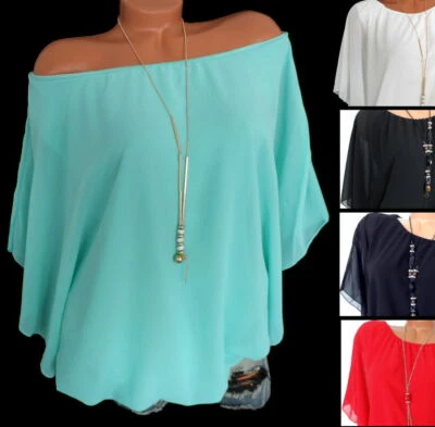 ITALY MODA Chiffon Tunika Bluse Shirt mit Untertop Übergröße Carmen Tuniken 42 44 46 #12