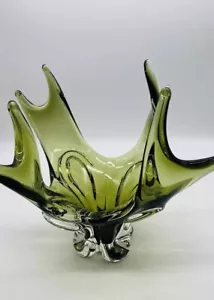 VTG CHALET Lorraine SPLASH 8 Point Olive Green to Clear Art Glass Large Vase - Picture 1 of 13