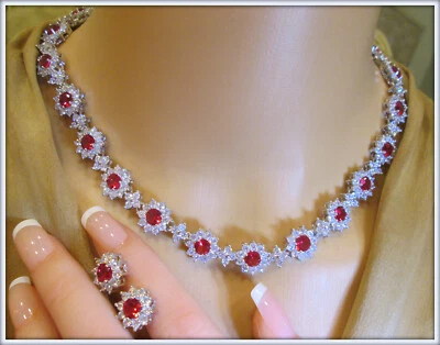 Ruby roundcut gemstone 18k gold filled ladies flower shape Necklace Earring Set - Image 1 of 4