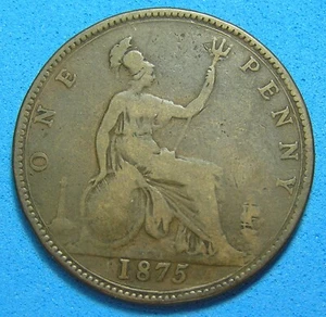 Great Britain 1 Penny Coin 1875 Victoria, Free Shipping For Additional Purchases - Picture 1 of 2