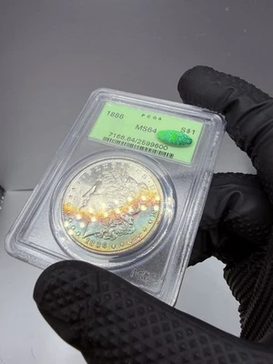 1884 $1 Morgan Silver $1  MS 64 CAC RAINBOW CRESCENT MONSTER TONER!! Best Toners - Image 1 of 4