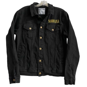 Giacca denim nera Nirvana M logo faccina sorridente fascia grunge merch anni 90 Y2K alt rock - Foto 1 di 8