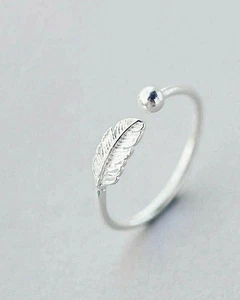 Anillo de plumas de plata de ley 925 pura banda abierta joyería ajustable plata para mujer. - Imagen 1 de 5