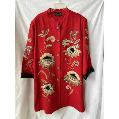 Vintage Alex Kim Size XL Red Brocade Embroidered Car Coat Boho Whimsigoth - Image 1 of 4