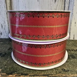 Set of 2 Red & Gold Wired Holiday Ribbons – Metallic Trim, 1.5"x25yds Each NEW - Picture 1 of 2