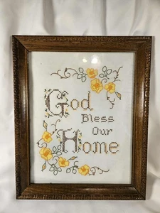 Vintage Cross-stitch Embroidery "God Bless Our Home" 11×14" - Picture 1 of 12