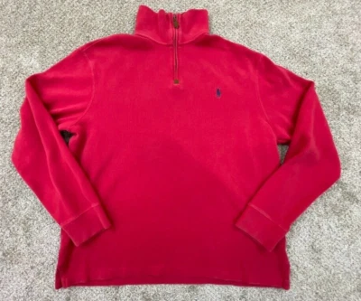 Polo Ralph Lauren Sweater Men's Red Ribbed Knit 1/4 Zip Pullover Blue Pony - Imagem 1 de 4