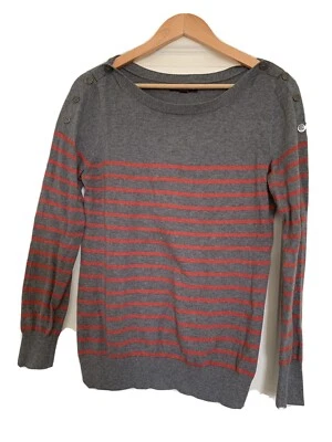 Suéter Banana Republic Cuello Barco Talla Mediana Rayas Náuticas Gris Naranja Botón Foto 1 de 4