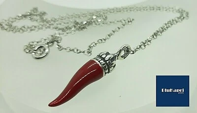 collana uomo Ciondolo corno in argento 925 CON SMALTO ROSSO FUOCO. portafortuna - Immagine 1 di 4