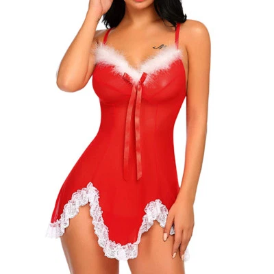Mujeres Sexy Lencería Navidad Roja Santa Babydoll Encaje Quimise Ropa de dormir EE. UU. RÁPIDO Foto 1 de 4