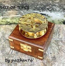 LOT OF 5 PCS Sundial Compass 3 Inch Brass Captain's Rosewood Beautiful Wood Box 