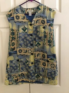 Bogari 100% Silk Size S Floral Blue Green Yellow Beige Top Jacket Blazer Women - Picture 1 of 8