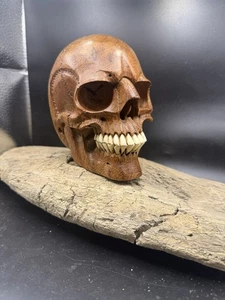 Hand carved Wooden Skull With Teeth - Picture 1 of 4