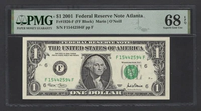 United States-Federal Res1 Dollar 2001 Fr#1926-F (FF Block) UNC Grade 68 Top Pop - Image 1 of 2