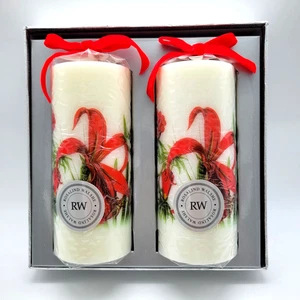 Rosalind Walshe Set of 2 Red Amaryllis  Pillar Candles Floral Christmas NIB - Picture 1 of 5