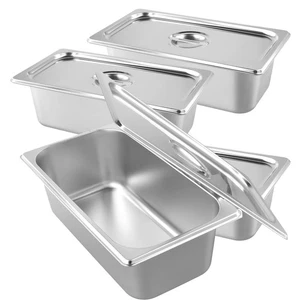 Paquete de 4 sartenes de mesa de vapor de tamaño 1/3 con tapas, hotel de acero inoxidable de 4 pulgadas de profundidad... - Imagen 1 de 7