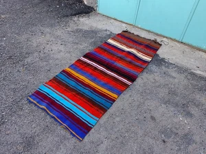Vintage Turkish Kilim Runner Rug 7x2.6 ft – Handmade Wool Multicolor Striped Car - Picture 1 of 11
