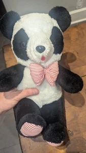 Vintage Cute Black White Panda Teddy Bear With Striped Bow And Feet 12 Inch - Picture 1 of 9