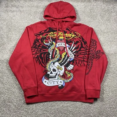 Ed Hardy Sudadera con Capucha Para Hombres Grande Rojo Gráfico Sudadera Pullover NYC Águila Serpiente Calavera Foto 1 de 4