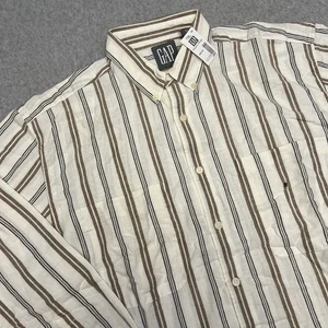 NOS Gap Shirt Men Beige Medium Blue Stripes Long Sleeve Pocket 90s Y2K Deadstock - Picture 1 of 10