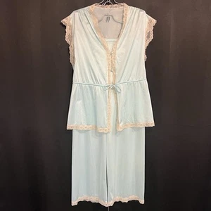 Vintage Vanity Fair 2pc Blue Pajama Set Champagne Lace Accent Tricot Nylon M - Picture 1 of 13
