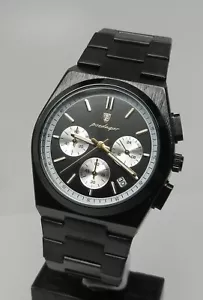 Orologio Uomo Nero Argento Accenti Oro 40mm Cronografo Data Quadrante 3 Occhielli - Foto 1 di 10