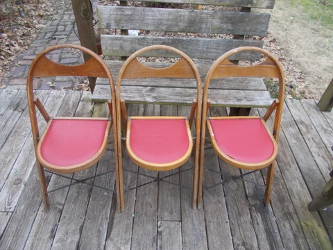 3 Vtg Antique Bentwood Folding Chairs-Red Vinyl Padded Seats-Farmhouse-Funeral Cover