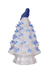 7.25" LED Bluebirds Tree Glazed Ceramic Retro B/O Timer Colored Bulbs 74047 - Picture 1 of 4