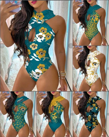 Jacksonville Jaguars Criss Cross One-piece Swimsuit Hollow-out Halter Swimwear Cover