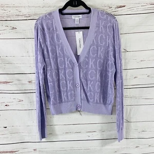Calvin Klein Women’s Cardigan Size L Purple Signature Logo Buttons Open Knit NWT - Picture 1 of 12