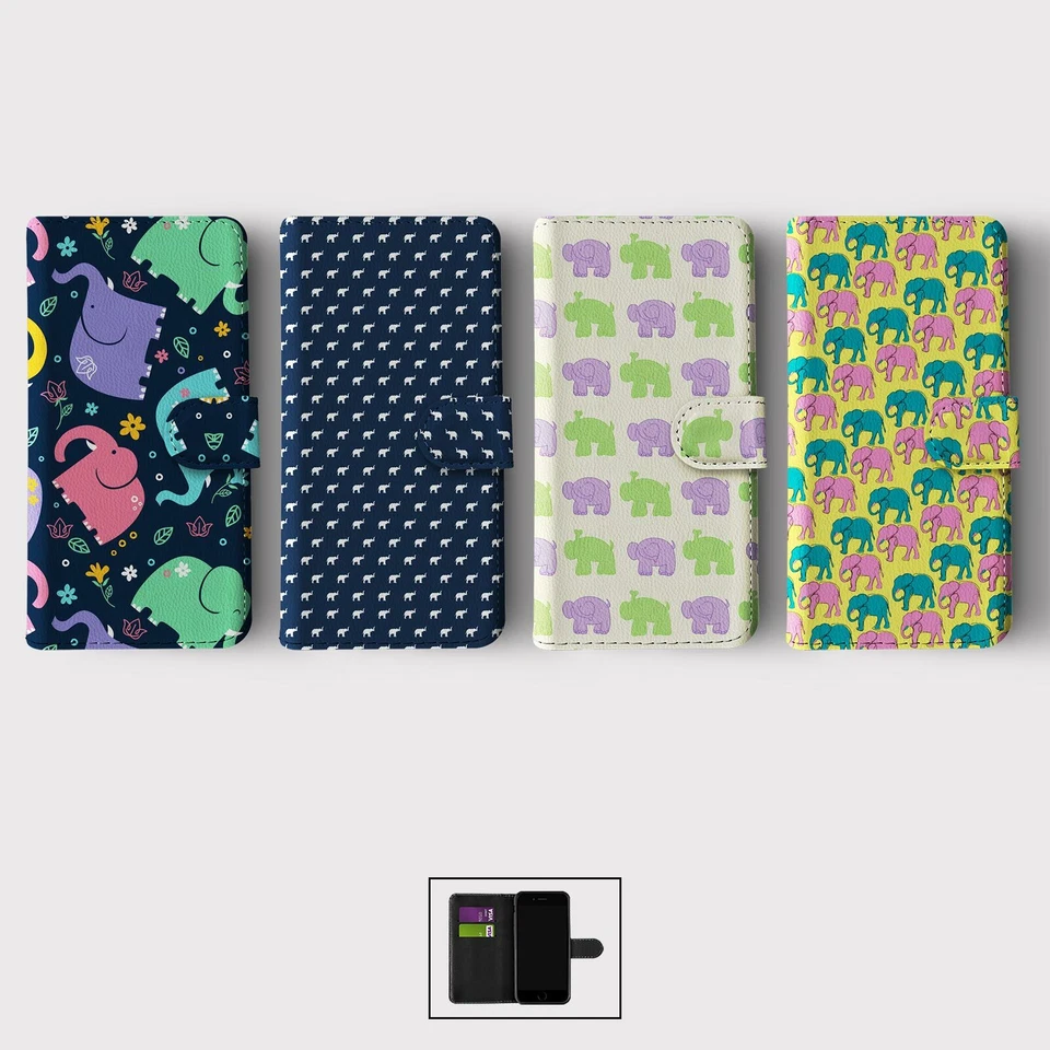 CASE FOR IPHONE 16 16E 15 14 12 12 SE PRO WALLET FLIP PHONE COVER CUTE ELEPHANTS - Image 1 of 1