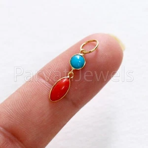 Italian Red Coral Turquoise Cab Solid 18k Gold Husband Gift Womens Charm Pendant - Picture 1 of 4