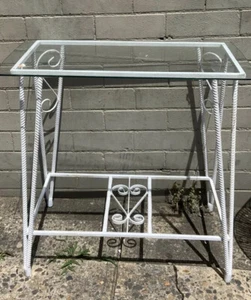 Side Table 1970s White Wrought Iron Aquarium Stand Patio Hall Or W Glass Top - Picture 1 of 4
