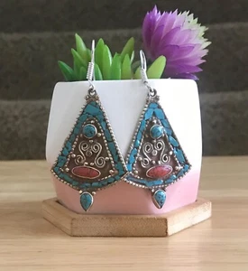 Vintage Turquoise Coral Tibetan Earrings - Imagen 1 de 5