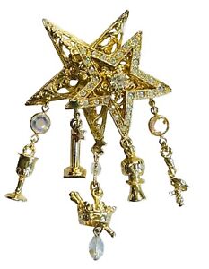 Kirks Folly Gold Tone Rhinestone AB Crystal Stars Dangles Pin Brooch 3-1/4”