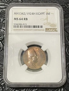 EGYPT, 1924H BRONZE 1 MILLIEME. KING FOUAD. NGC MS 64 RB. RARE. - Picture 1 of 2