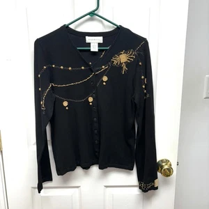 Susan Bristol Black Sweater, Embroidered Vintage Cardigan, Beading, Size M - Picture 1 of 6
