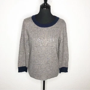 J Crew taupe grau marineblau Pailletten verziert Wolle Mohair Pullover Gr. Large - Bild 1 von 13