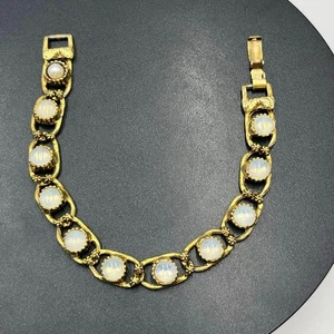 Goldette N.Y. Vintage Mondstein Glas Cabochon goldfarbenes Gliederarmband 7,5 Zoll - Bild 1 von 11