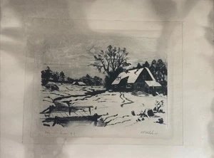 Dibujo de arte popular de colección 1935 “Nieve de diciembre #8” por E.F Walsh, firmado 11,5x14” - Imagen 1 de 10