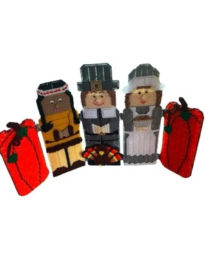 Vintage Plastic Canvas Needlepoint Fall Thanksgiving Harvest Pilgrim Indian - Image 1 of 4