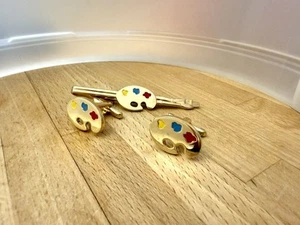 Vintage Hickok Painter Artist Pallet Cufflinks Tie Clip Gold Tone - Picture 1 of 2