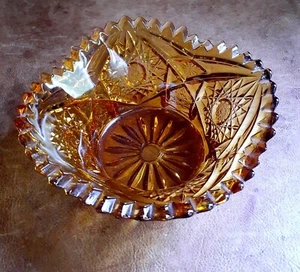 Bernstein Schale, Vintage L.E. Smith Starburst Design & wellenförmiger Sägezahn Oberkante - Bild 1 von 7