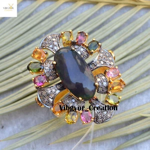 Pave Diamond Multi Gemstone Ring Gold Vermeil 925 Sterling Silver Handmade Gift - Picture 1 of 4