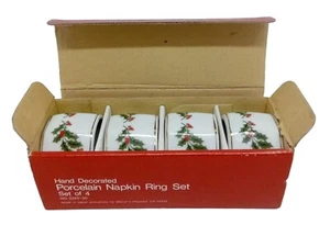 Vintage Hand Decorated Porcelain Napkin Ring Set Christmas Holly Japan Mervyn's - Picture 1 of 6