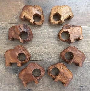 Vtg Set of 8 Wood Napkin Rings Mid Century Hand Carved Wood Elephant GOP Symbol - Picture 1 of 6