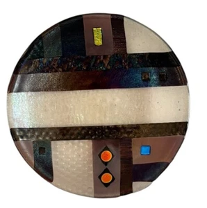 Geometric Textrd Dichroic Iridescent Fused Glass Plate Signed 7.5” Brn/Clear/Blk - Picture 1 of 10