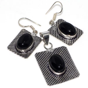 925 Silver Plated Black Onyx Pendant Earrings Set Jewelry Size 1.5|1.6" AU l463 - Picture 1 of 3